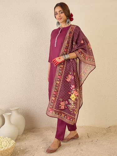 Image of INDO ERA Women's Straight Cotton Blend Ethnic Motifs Embroidered Kurta Pant With Dupatta Set