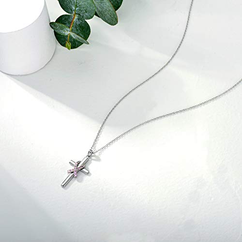 925 Sterling Silver Breast Cancer Awareness Necklace Butterfly/Dragonfly/Cross Pendant Necklace Pink Ribbon Necklace Breast Cancer Survivor Gifts for Women3