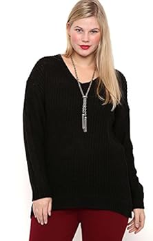 Apparel Deb Junior Plus Size Long Sleeve Open Stitch Sweater with Lace Up Back Black 1X Book