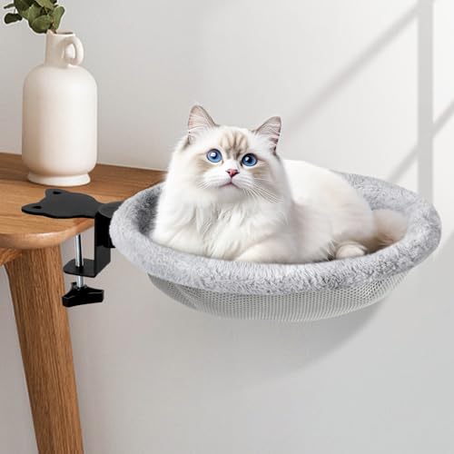 Biupky Large Cat Desk Bed – Sunken Cat Hammock, 15.7" Diameter Secure Bed with Dual Clamps & Steel Frame, Supports Up to 44 lbs, Reversible Bed Cover, Removable & Washable