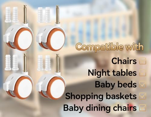 Emezddo 4 Stück Lenkrollen für Kindermöbel,Kinderbett-Räder,Möbelrollen mit Hülse Stift,verwendet für Babybett Stubenwagen Trolleys(Weiß)