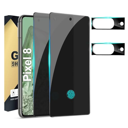 [2+2 Pack] Privacy Screen Protector Compatible with Pixel 8 5G 2 Tempered Glass Film with 2 Camera Lens Protectors High Clarity Bubble Free Anti-Spy Protection