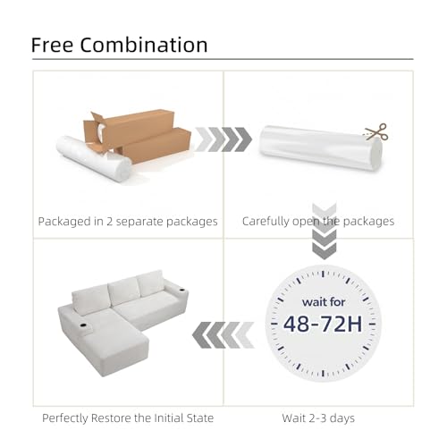 Image of 104 inch L Shaped Boneless Sectional Couches for Living Room, Comfy Corduroy Floor Cloud Sofa with Chaise and Cup Holder, Wide Armrest, Deep Seat, Assembly Free, Ideal for Small Spaces, Beige