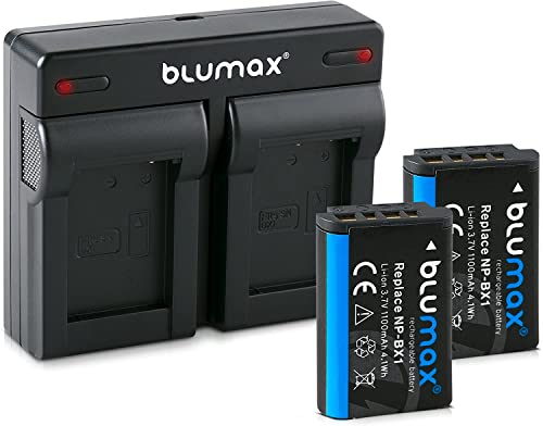 Blumax - 2 Batteries Type Sony NP-BX1 à 1100 mAh - avec Chargeur USB Double Mini Dual - Compatible avec Sony Cyber-Shot DSC-RX100/DSC-RX100 II/DSC-RX100M