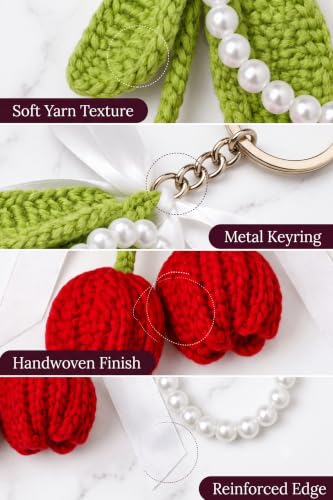 Image of Handmade Crochet Tulip Keychain with Pearl String - Cute Floral Bag Charm & Aesthetic Purse Pendant, Knitted Flower Keyring Accessory Gift for Girls & Women