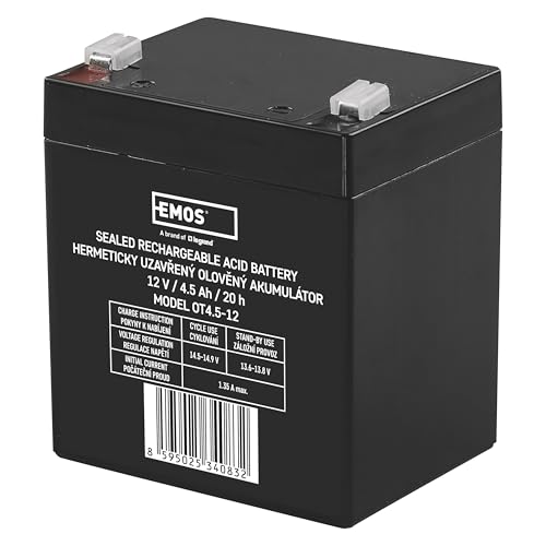 EMOS batería AGM 12 V 4.5 Ah sin mantenimiento, Faston 4.7 mm, para iluminación de emergencia, alarmas, detección incendios, SAI, 91×71×105 mm