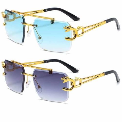 HYYZZC 1/2/3 pares de gafas de sol modernas con forma de cabeza de tigre dorado sin marco y bordes afilados para hombres y mujeres, 2 piezas, azul doble gris, talla única
