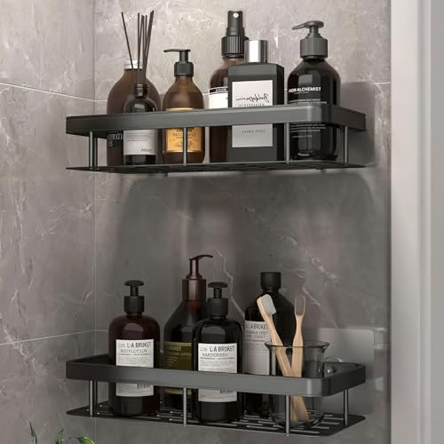 Image of 2-Pack Multipurpose Bathroom Organiser Without Drill Shelf Rack Wall Mounted for Space Saving Bathroom Organizer Shelf, Punch Free /No-Drill Wall Shelves, Wall Stand (Black, Pack of 2)