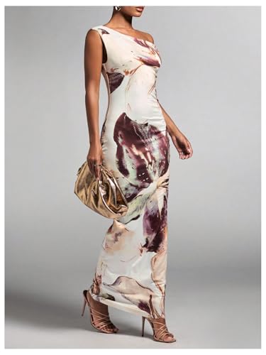 Image of GORGLITTER Women's Long Floral Dress Asymmetrical One Shoulder Sleeveless Bodycon Maxi Dress