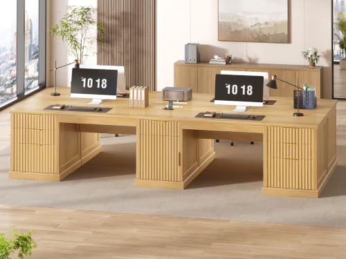 Image of SEDETA Fluted 110.3 inch Two Person Desk with 7 Drawers for Office, Fluted Oak