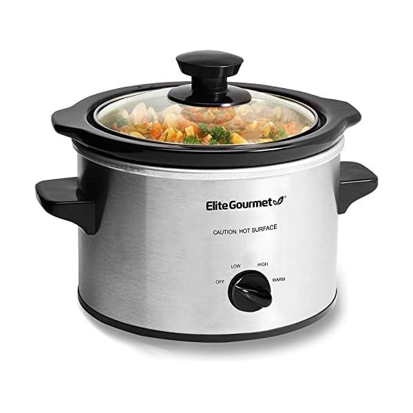 Elite Gourmet MST-250XS Electric Slow Cooker Ceramic Pot, Adjustable Temp, Entrees, Sauces, Stews & Dips, Dishwasher Safe Glass Lid & Crock, 1.5 Quart, Stainless Steel