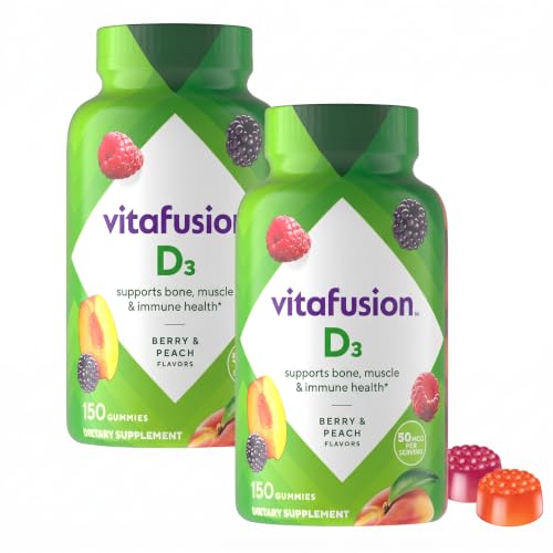 Image of Vitafusion Vitamin D3 Gummies,Bone and Immune Support,Peach,BlackBerry,Strawberry Flavored,50 mcg D3 Gummy Vitamin Supplement,75 Day Supply,150 Count (Pack of 2)