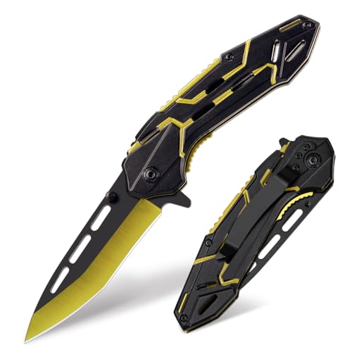 Image of FUNBRO Pocket Knife for Men, Cool Folding Knife with 3.4 inch Stainless Steel Sharp Blade, Flipper Open EDC Knives with Clip for Outdoor Camping Hiking, Gifts for Him Dad Husband (Gold)