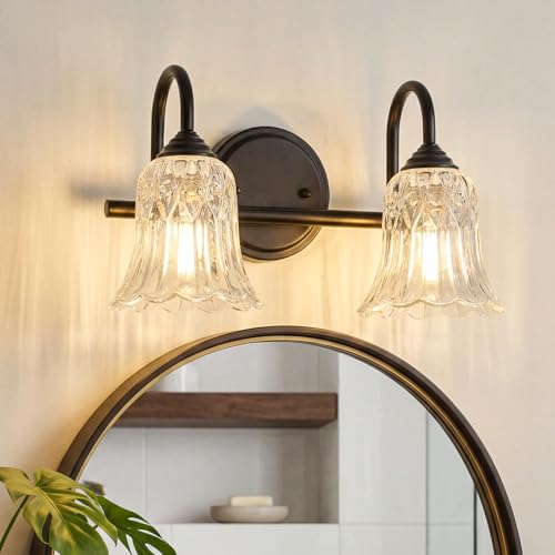 Image of Vintage Farmhouse Vanity Wall Sconce Lighting, 2-Light Matte Black Bathroom Vanity Light Over Mirror with Flower Glass Shade, 14.6 inch Retro Wall Lamp for Hallway Bedroom Living Room
