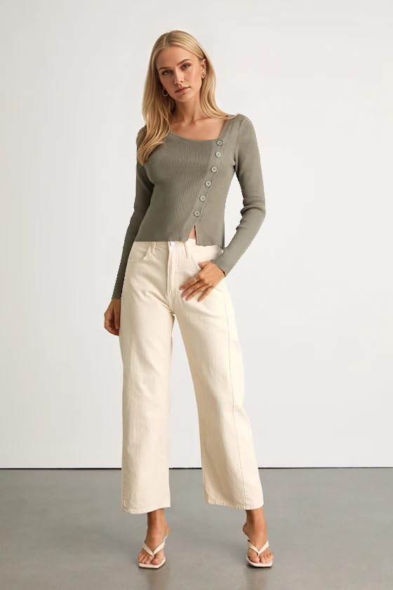 Women Fall Cropped Sweaters Scoop Neck Button Down Long Sleeve Ribbed Knit Tops Asymmetrical Fitted Top Casual Shirts4
