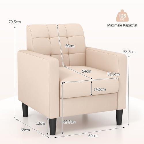 COSTWAY Relaxsessel modern, Fernsehsessel aus Samt im Mid-Century-Stil, gepolsterter Sessel mit getufteter Rückenlehne, Armlehnen & Holzbeine für Wohnzimmer, Schlafzimmer und Heimbüro, beige – Bild 4