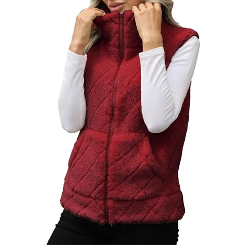 Chaleco mullido a cuadros para mujer, sin mangas, con cremallera, con bolsillos, cálido, esponjoso, casual, para otoño e invierno, rojo vino, S