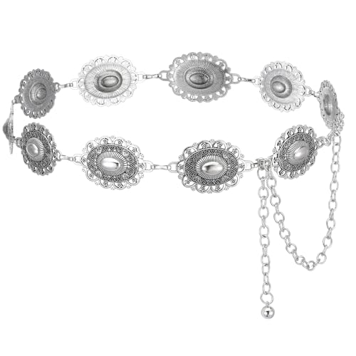 Silver Belt Chain Silver Concho Belt Adjustable Hollow Out Daisy Cowgirl Belts for Western Country Concert Outfit for Dress Jeans Pants