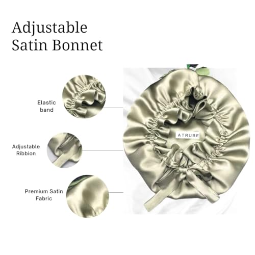 Image of Atrube's Silk Satin Hair Bonnet Reversible with Adjustable Tie Band Wrap Satin Wrap with Hair Scalp Massager Shampoo Brush and 3 Scrunchies (Green)