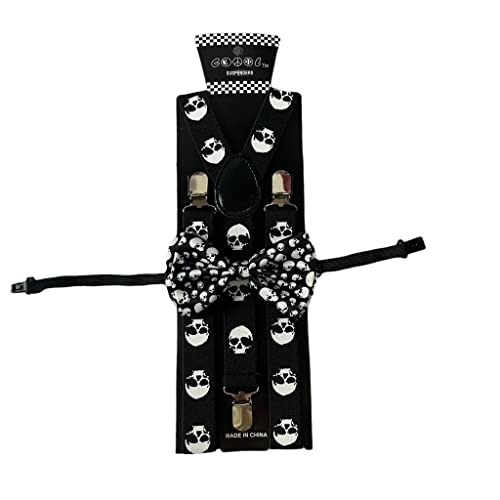 Novelty Halloween Accessories Adjustable White Bow Tie & Suspenders (SKULL HEAD)