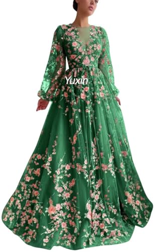 Yuxin Puffy Sleeve Flower Prom Dresses for Women 2025 Long Embroidered Tulle Lace Formal Evening Party Gowns with Pocket 869