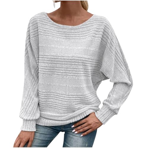 Ribbed Knit Tops Sweaters for Women Boat Neck Batwing Long Sleeve Sweater Pullover Loose Fit Knit Casual Tops Tunics
