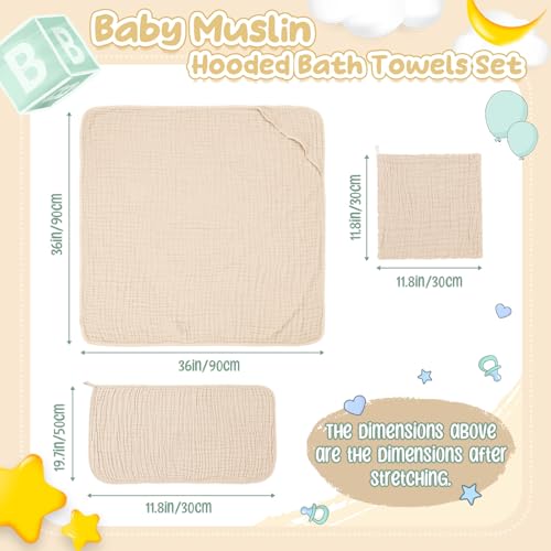 Image of Breling 12 Pcs Muslin Hooded Baby Bath Towel, Hand Towels and Washcloth Set, 36 inchx 36 inch Cotton Newborn Bath Towel Cotton Absorbent Blanket Unisex Newborn Gift Essentials for Girl Boy (Blue Series)