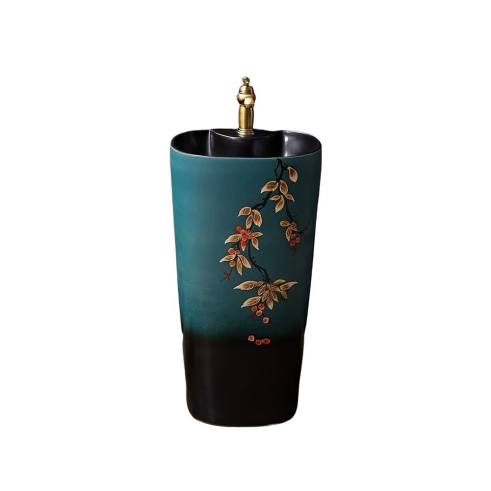 Free-Standing Bathroom Pedestal Sink Freestanding Ceramic Wash Basin with Faucet and Drain Lavatory Column