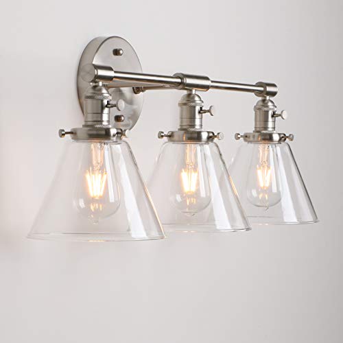 Image of Permo Vintage Industrial Antique Three-Light Wall Sconces with Funnel Flared Clear Glass Shade (Brushed)