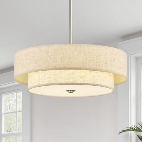 Image of VONLUCE 18 inch Modern Drum Chandelier, 4-Light 2-Tier Linen Pendant Light