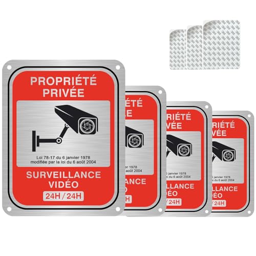 Amlope Lot de 4 Panneau Camera Surveillance Vidéo Surveillance, 15x 12cm Aluminium Panneaux Propriété Privée sous Vidéosurveillance Intérieur/Extérieur