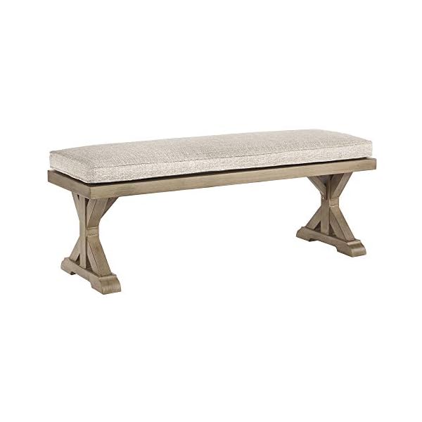 Signature Design by Ashley Beachcroft Patio Farmhouse Outdoor Upholstered Dining Bench, Beige