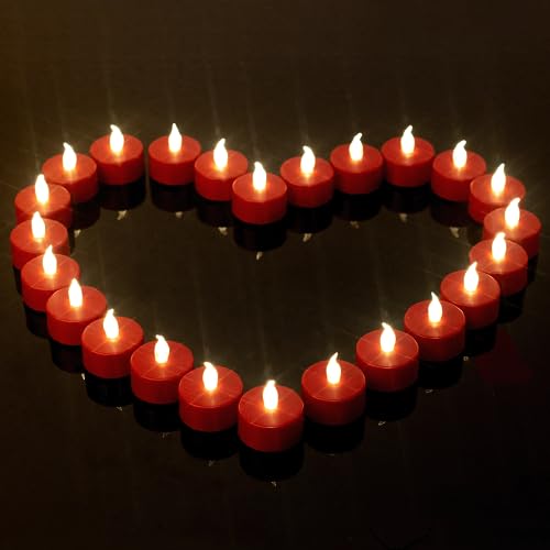 Image of Flameless Tea Lights Candles 100 Pack LED Battery Operated Electric Votive Fake Candles Realistic Flickering and 200+ Hours Long Lasting Bright for Celebrations Festivals (Red)