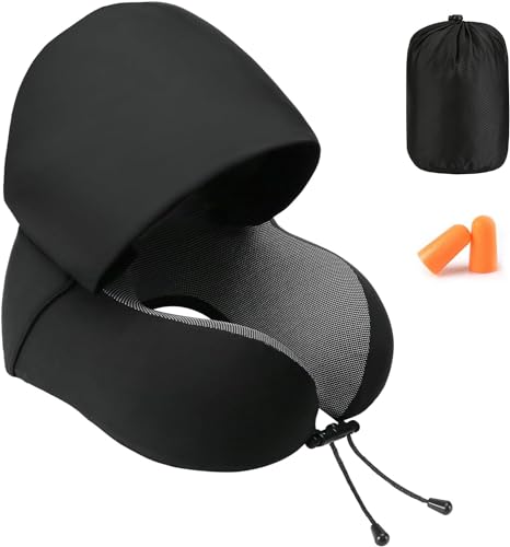 ADOFYS Travel Neck Pillow Memory Foam, Hooded Travel Neck Pillow for Adults, Comfortable Neck Pillow for Travelling with Hoodie, Flight, Airplane Pillow, Travel Cushion for Plane Car Train