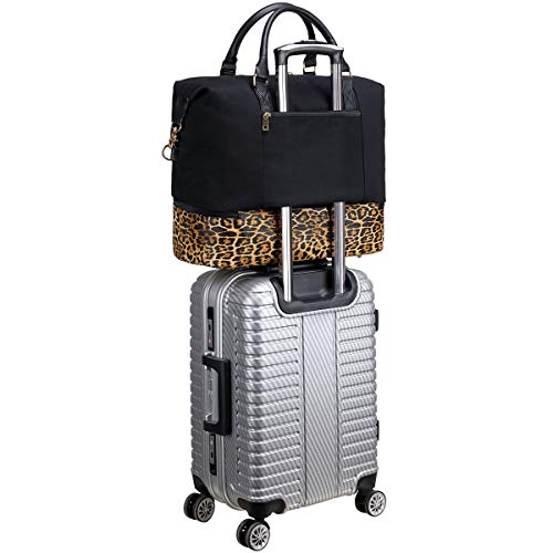 CAMTOP Canvas Weekender Bag, Travel Duffle Women Ladies Carry-on Tote with Shoe Compartment and Luggage Sleeve (Leopard-Black)