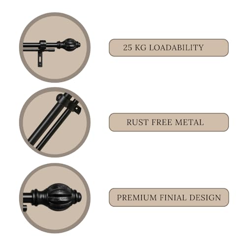 Image of Double 84 inch-144 inch Adjustable Double Curtain Rod For Door & Windows With Brackets Set Curtains Hanging Extendable Iron Metal Pipe Holder With Epitome Wood Finial (Black, 0.75 inch Diameter)