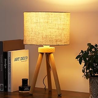 EDISHINE 16.7in Table Lamp, Wood Tripod Bedside Lamp, Beige Linen Lamp Shade, Desk Lamp for Bedroom, Living Room, Office, Kids Room, College Dorm, Nightstand, Bookcase, E27 Base
