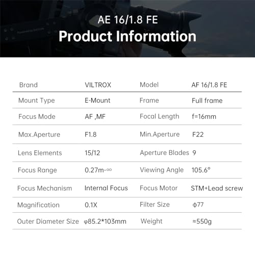 Image of VILTROX Fe 16Mm F1.8 For Sony E-Mount Af Lens 16Mm F /1.8 Super Wide Angle Autofocus Lens Full Frame Lens Compatible With Sony A7Cii, A7Iii, A7Iv, A7R, Fx30, Zv-E1, A6100, A6400, A6000, A7S Iii,Black