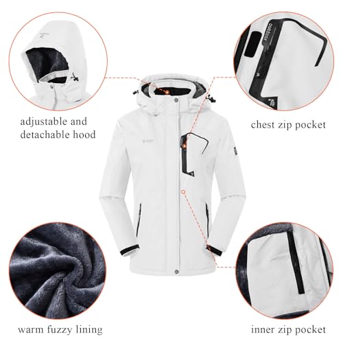 YSENTO Womens Waterproof Ski Jacket Winter Fleece Outdoor Mountain Jacket and Coat with Hood(White,XXL) - Image 6