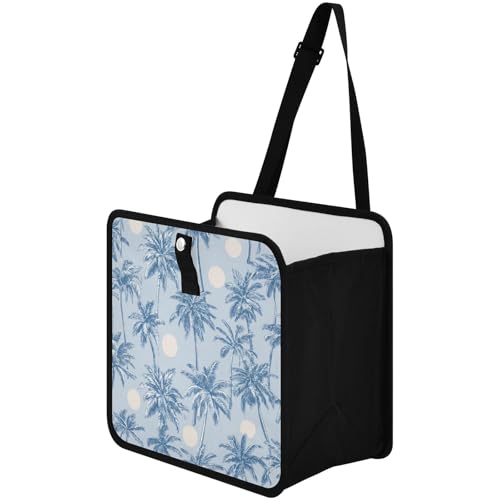 Image of Car Trash Can Organizer Bin with Adjustable Strap for Back Front Seat Console Waterproof Leakproof Collapsible Portable 11 Inch Light Blue Palm Trees and Sun