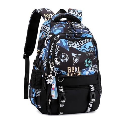 Bansusu Football Print Boys Backpack School Bag for Elementary Soccer Travel Backpack Secondary Rucksack for Boys Football-Black+blue