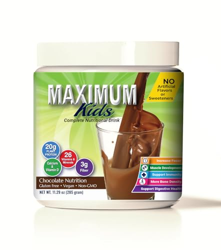 Maximum Kids Complete Organic Powder Mix. Great Tasting, Easy to use, Complete Nutritional Drink with 26 Vitamins and Minerals, 20g of Plant Protein, 3g of Fiber. Kid Tested. Parents Approved.