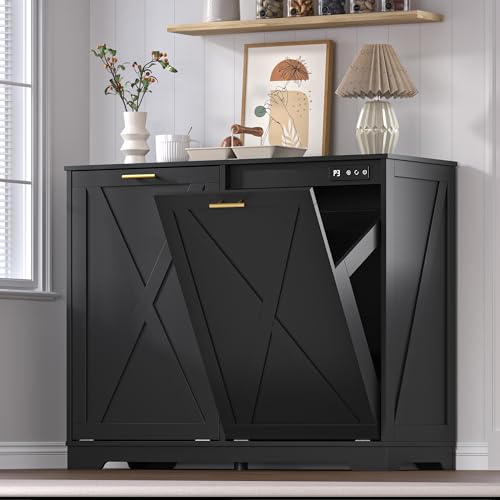 BORNOON Tilt Out Trash Can Cabinet for 2 Bins, Hidden Recycle Garbage Bin Enclosure, Wooden Double...