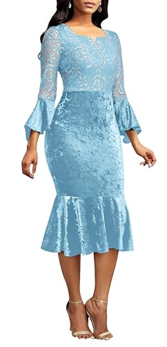 Image of Midi Lace Dress for Women Bodycon Dress Church Cocktail Party Clothes | Square Neck,Lace Bell Sleeve,Velvet Look,Mermaid Hem,Midi Dresses,Cocktail Party,Wedding Guest Party,Formal Event Outftis