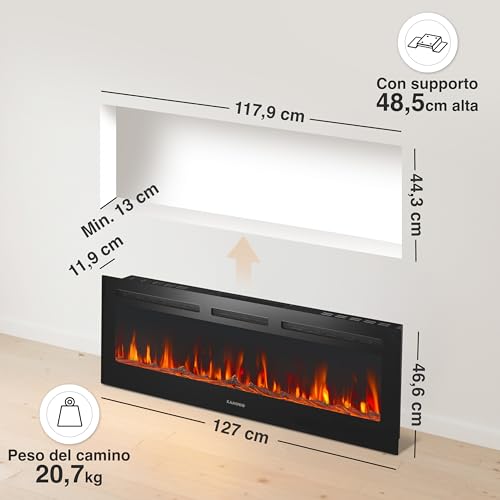 Kaminio Camino Elettrico Marlon - Caminetto Elettrico 3-In-1 Con Riscaldamento, Effetto Fiamma 3D, 12 Colori Di Fiamma, Telecomando (50 Pollici) - 6