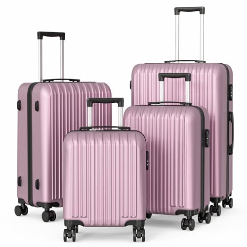 Apelila 4 Piece Hardshell Luggage Sets,Travel Suitcase,Carry On Luggage with Spinner Wheels Free Cover&Hanger Inside4PC (light pink)