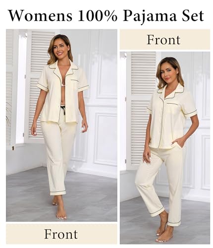Image of CF Womens 100% Cotton Pajamas Set Button Down Pjs Sets Short Sleeve Top & Long Pants Sleepwear Comfy Loungewear with Pockets