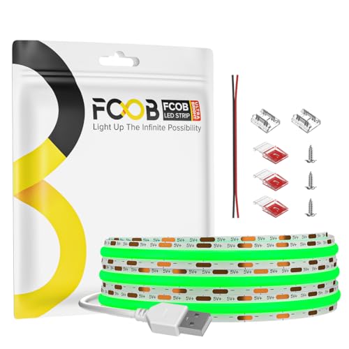 Image of 6.56FT /2M 5V USB LED Light Strip Green Flexible High Density COB Strips 640LEDs, 8mm LED Tape for Under Cabinet Bedroom No Controller and Power