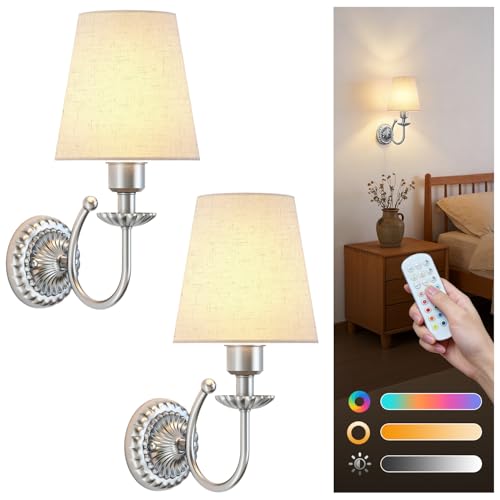 Wireless Wall Sconces Set of Two, 5300mAh Battery Operated Wall Sconce, Rechargeable Bulbs with Remote, 15 Colors Dimmable Wall Sconces with Fabric Shade for Bedroom Living Room (Brushed Sil