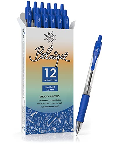 Belmique Kugelschreiber Blau 1MM - 12er Set Kugelschreiber. Extra Weich mit einziehbarer Stiftspitze für ein tolles Schreiberlebnis Cover